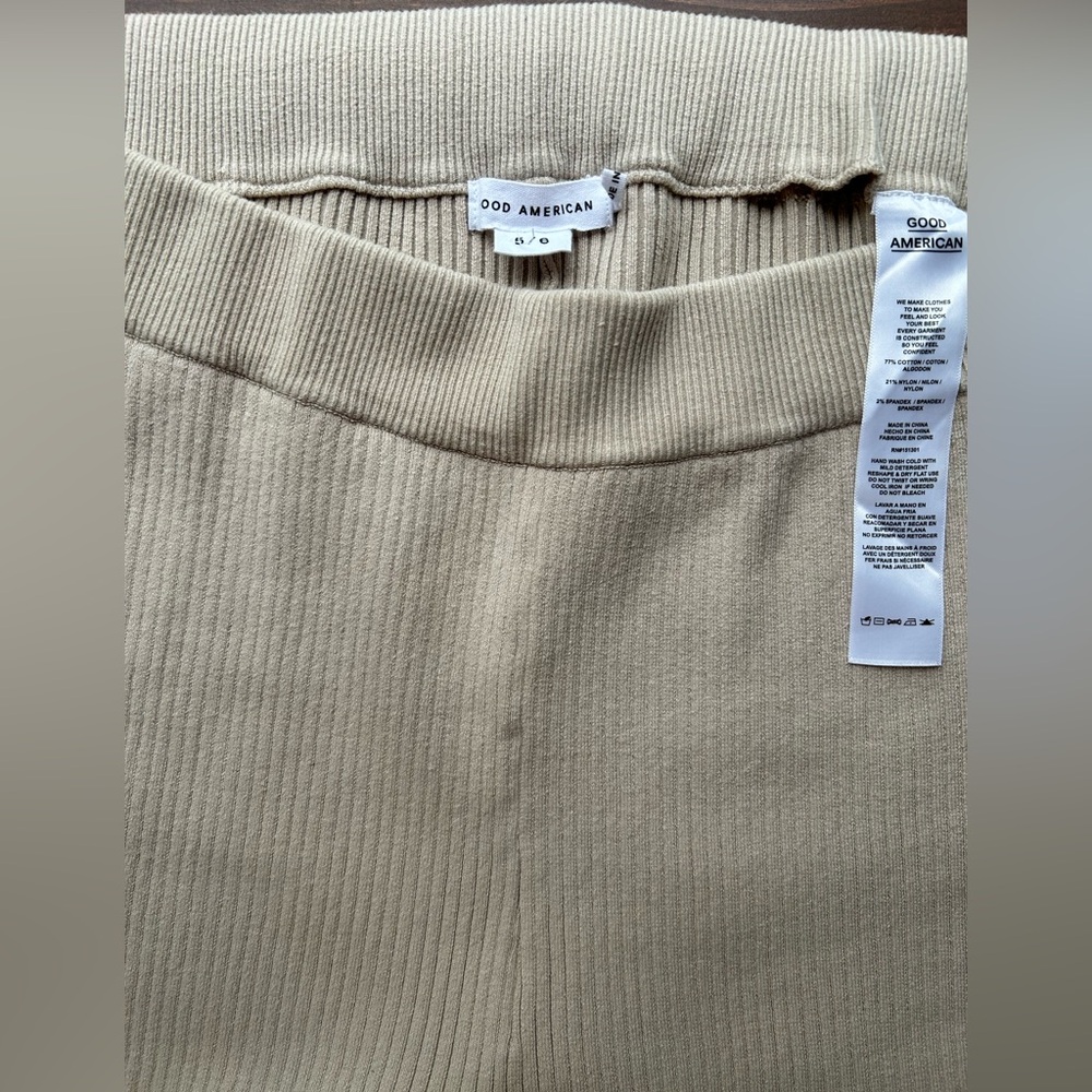 Good American L/XL Flared Beige Ribbed Pants w Elastic Waist and detailed hem - Picture 7 of 13
